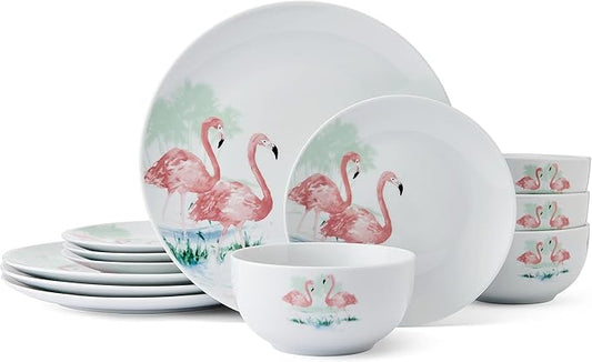 Studio Nova Flamingo Haven Tropical 12 Piece Dinnerware Plate Bowl Set, Service for 4