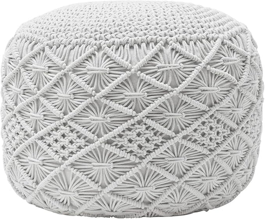Ornavo Home Pouf Ottoman Foot Rest - 100% Cotton Pouffe - Hand Knitted Macrame Braid - Boho Round Stuffed Ottoman for Living Room, Bedroom - White