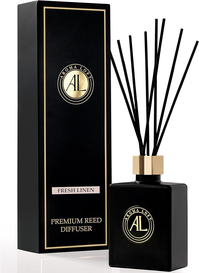 Fresh Linen Reed Diffuser Set -Oil Scent Stick difuser - Bathroom Diffuser Set- Black Reed Diffusers for Home- Scented Sticks-Scent diffusers for Home-Office Smell Good Stuff for Desk-5.0z