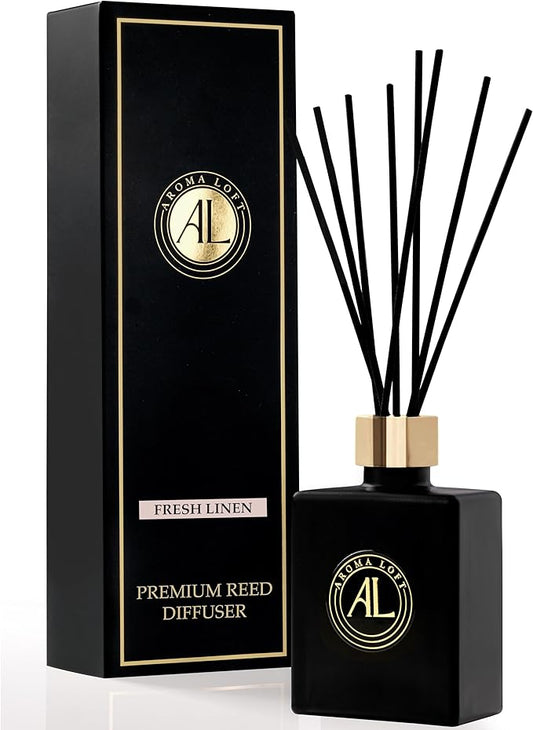 Fresh Linen Reed Diffuser Set -Oil Scent Stick difuser - Bathroom Diffuser Set- Black Reed Diffusers for Home- Scented Sticks-Scent diffusers for Home-Office Smell Good Stuff for Desk-5.0z