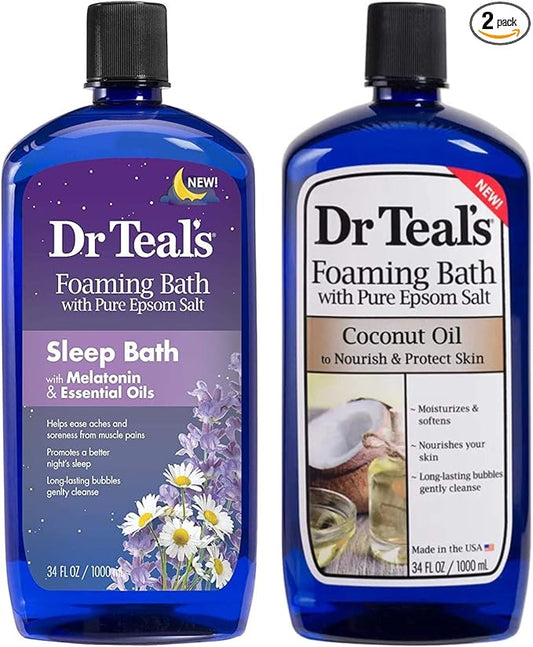 Dr Teal's Foaming Bath Variety Gift Set (2 Pack, 34oz Ea) - Melatonin Sleep Bath, Nourish & Protect with Coconut Oil - Essential Oils Blended with Pure Epsom Salt Ease Pain & Promote Better Sleep