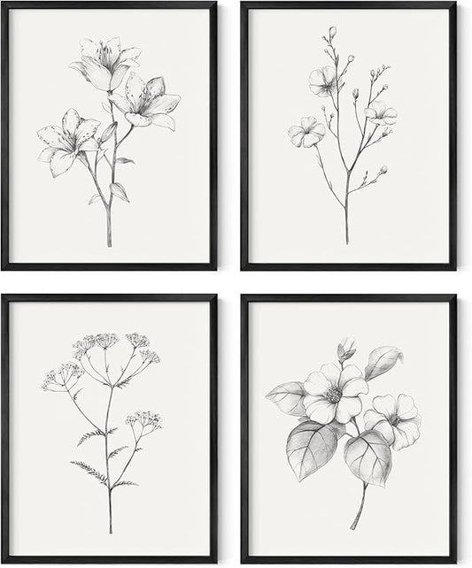 HAUS AND HUES Vintage Botanical Prints - Set of 4 Farmhouse Bedroom Wall Decor, Rustic Art for Bathroom, Farmhouse Decor Pictures for Living Room, Boho Decor (Black Aluminum Frame, 11x14)
