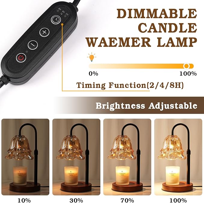 Candle Warmer Lamp with Timer & Dimmer, Adjustable Height, House Warming Birthday Gifts for Women Mom, Flower Candle Lamp Warmer, Wax Warmer Lamp for Jar Candles with 2 Bulbs