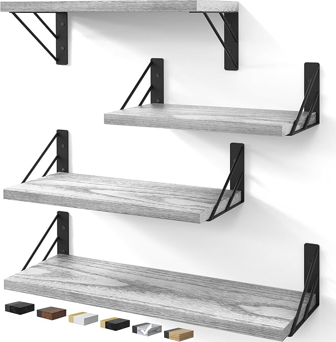 BAYKA Wall Shelves for Bedroom Decor, Floating Wall Shelves for Living Room Kitchen Storage, Wall Mounted Rustic Wood Floating Shelves for Kids Books, Corner Shelf for Bathroom(Gray White，Set of 4)
