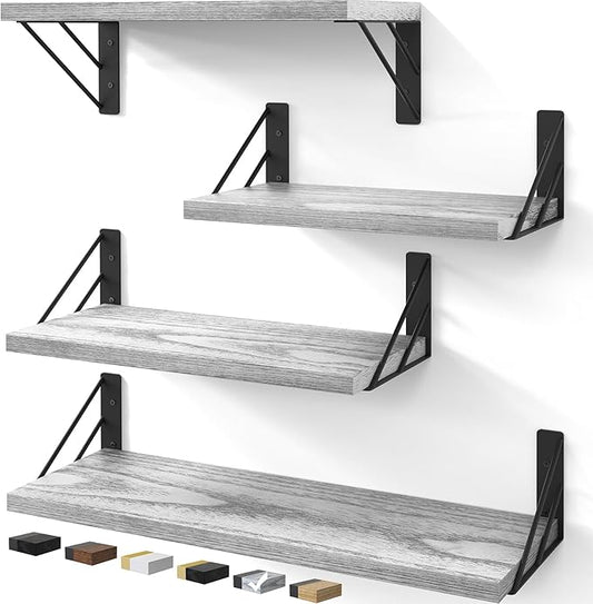 BAYKA Wall Shelves for Bedroom Decor, Floating Wall Shelves for Living Room Kitchen Storage, Wall Mounted Rustic Wood Floating Shelves for Kids Books, Corner Shelf for Bathroom(Gray White，Set of 4)
