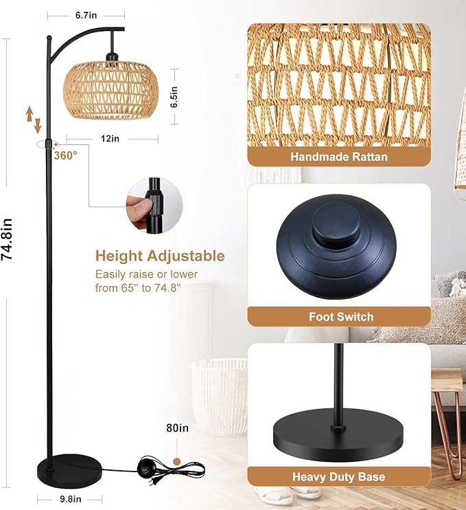 Boho Rattan Floor Lamps for Bedroom with 3 Color Temperatures, 75'' Farmhouse Arc Floor Lamp Adjustable Height with Shades/Remote Control/12W LED Bulb/360° Rotatable for Living Room, Office