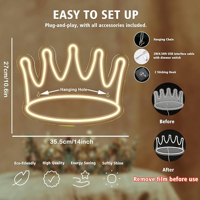 Crown Neon Signs Led Crown Neon Light Large Wall Hanging Lights Art Decor Neon Lights for Bedroom Kid Room Shop Apartment Dorm Birthday Party Wedding(Warm White)