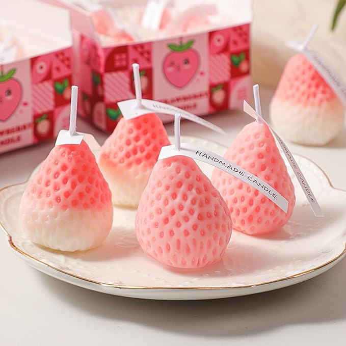 Strawberry Shaped Scented Candle,4PACK 75G Fruit Aroma Soy Wax Decorative Candle for Table Photo Prop Birthday Gift,Prefect for Meditation Stress Relief Mood Boosting Bath Yoga (Pink&White)