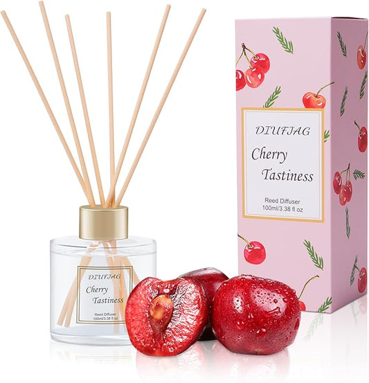 100ml Scent Diffuser with 6 Fiber Sticks, 3.5 oz Reed Diffuser Set Aromatherapy Fragrance Diffusers Air Fresheners for Home Bedroom Bathroom (Cherry)