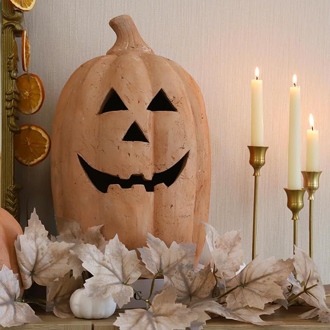 Fall Decor - Halloween Decorations - Handmade Terracotta Pumpkin Jack O' Lantern Outdoor Indoor -Cute Halloween Farmhouse Autumn Festival Decoration for Home Table Porch Mantel Front Door Room(Large)