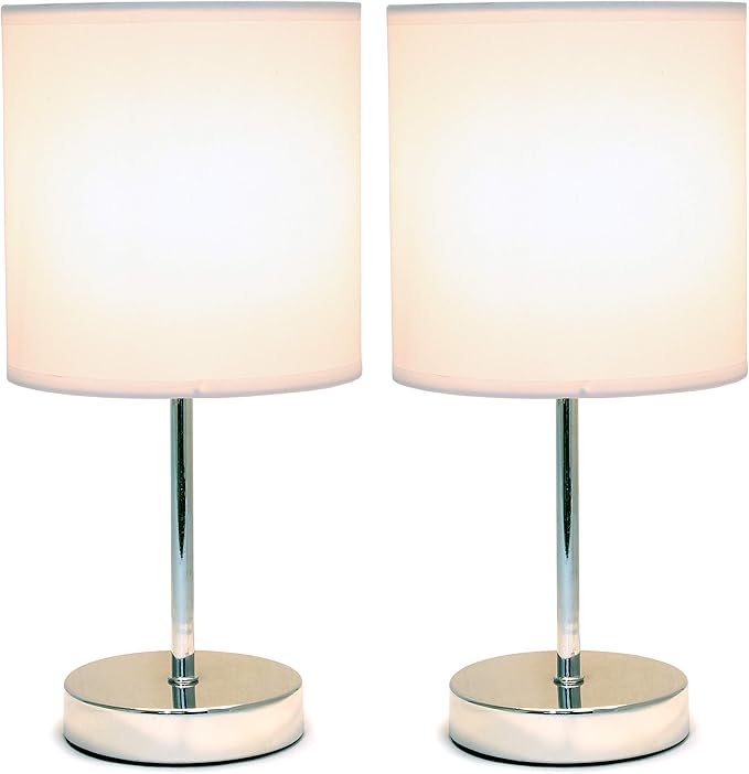 Simple Designs LT2007-WHT-2PK Chrome Mini Basic Table Lamp with Fabric Shade 2 Pack Set, White