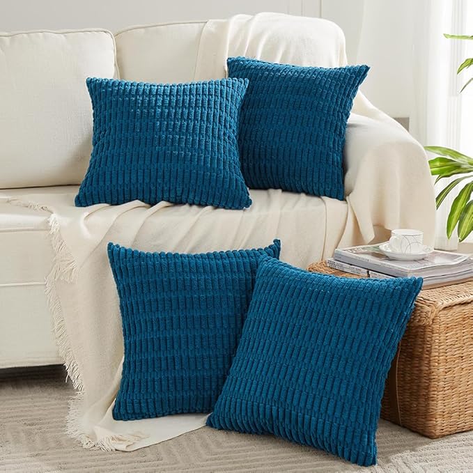 Fancy Homi 4 Packs Teal Decorative Throw Pillow Covers 20x20 Inch for Living Room Couch Bed Sofa, Rustic Farmhouse Boho Home Decor, Soft Striped Corduroy Square Cushion Case 50x50 cm