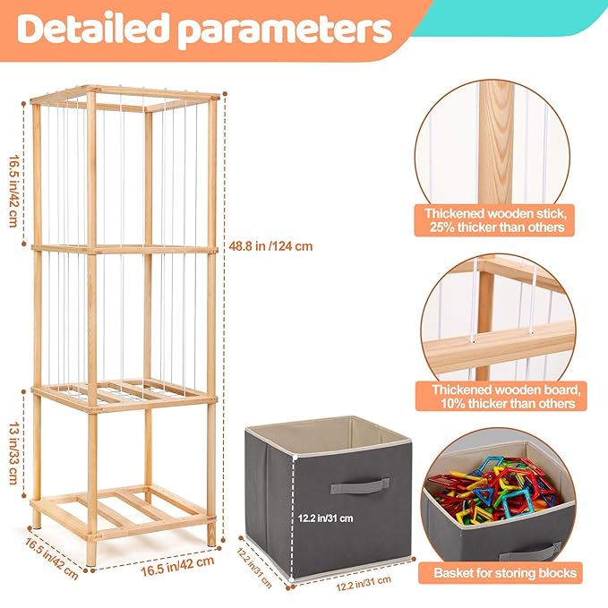 ACEPRUT Wood Stuffed Animal Storage Holder with Storage Basket, Space Save Three Tier Vertical Large Stuffed Animal Zoo Organizer for Playroom Bedroom, Toy Storage Birthday Gifts for Kids