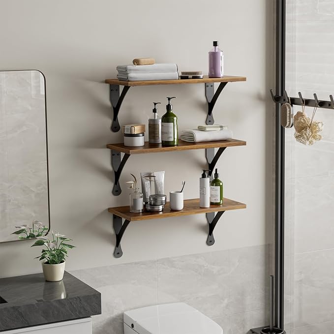 Wood Floating Shelves Set of 3, Wide Display Shelf Wall Mounted with Brackets, Easy Hanging Floating Shelves for Bedroom, Kitchen, Living Room, Bathroom (Rustic Brown)
