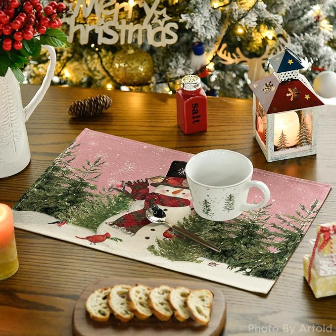 Artoid Mode Snowman Birds Trees Christmas Placemats Set of 4, 12x18 Inch Seasonal Pink Winter Holiday Table Mats for Party Kitchen Dining Decoration