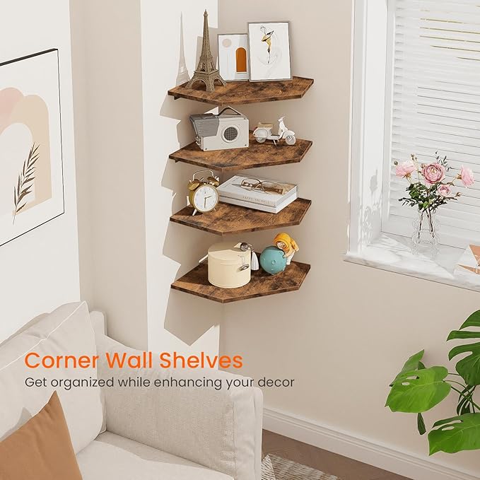 Homode Corner Shelf Wall Mount, Set of 4 Floating Corner Shelves with Cord Hole for Cable Box, Wood Corner Hanging Shelves for Bathroom Bedroom Kitchen, Rustic Brown