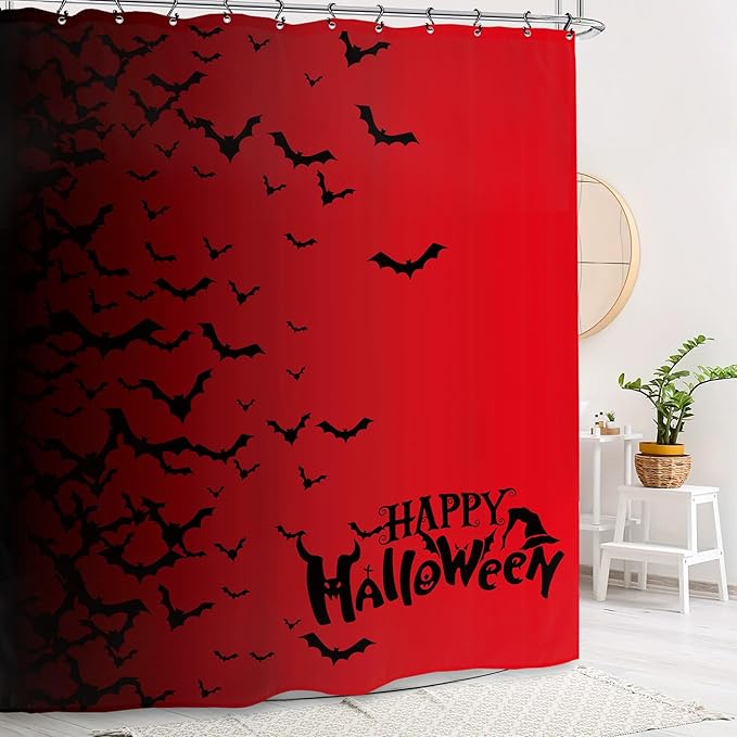 Halloween Bat Shower Curtain 60Wx72L Inch Black Red Horror Scary Spooky Ombre Holiday Bathroom Set Accessories Decor with 12 Pack Hooks