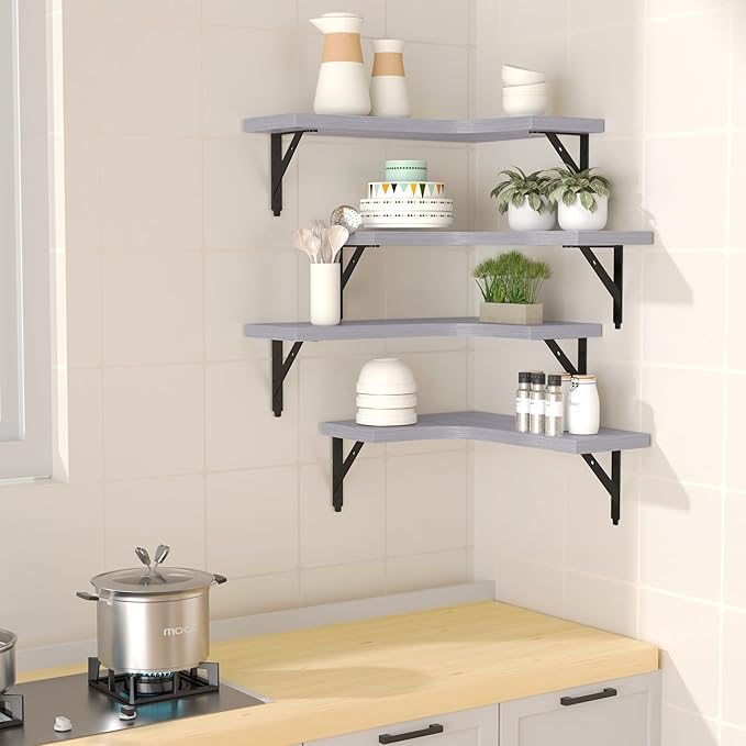 Corner Floating Shelves Wall Mounted Set of 4, Rustic Wood Storage Display Wall Shelves for Home Decor, Bathroom, Kitchen, Bedroom, Living Room, Office (Light Grey)