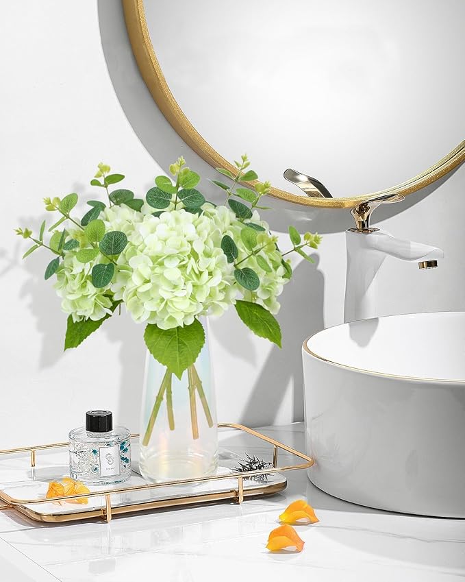 Tifuly Fake Hydrangea Artificial Flowers with Vase 4pcs Real Touch Faux Hydrangea with 3pcs Eucalyptus Stems for Wedding Centerpiece Home Party Table Decoration（Green）