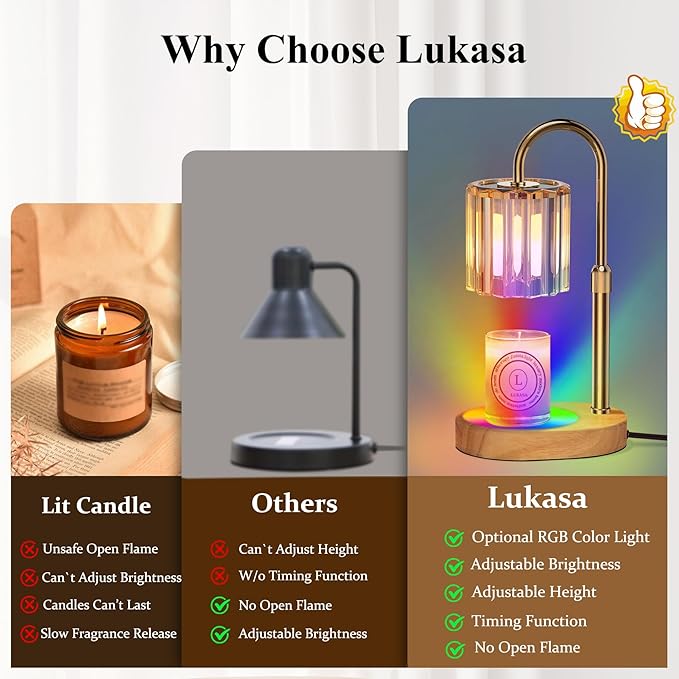 Lukasa Candle Warmer Lamp, with RGB LED Lights,Timer and Dimmer, Adjustable Height, House Warming Gifts New Home Decor, Gifts for Women Mom, Wax Melt Warmer for Scented Jar Candles