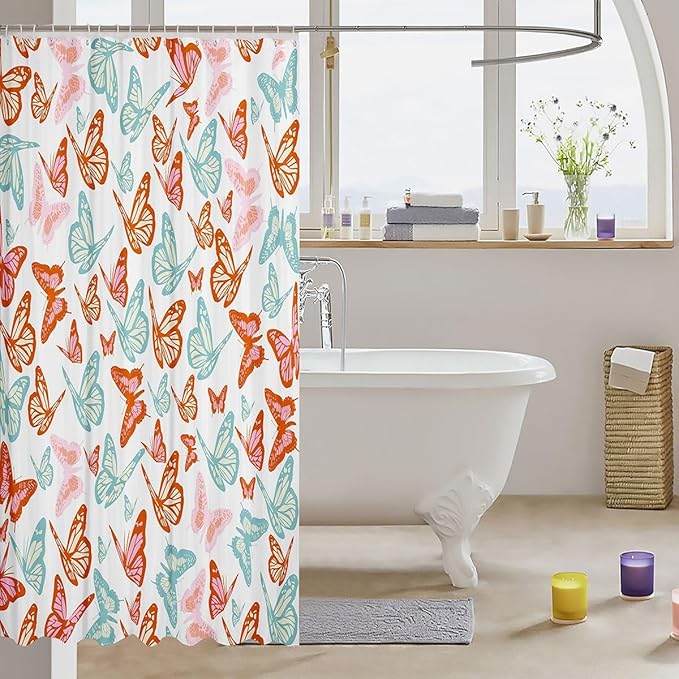Feelyou Butterfly Bath Curtain Butterflies Print Shower Curtain Girl Butterfly Bathroom Shower Curtain Set for Kids Boys Girls Beautiful Butterfly Kids Bathroom Accessories 72"x84"