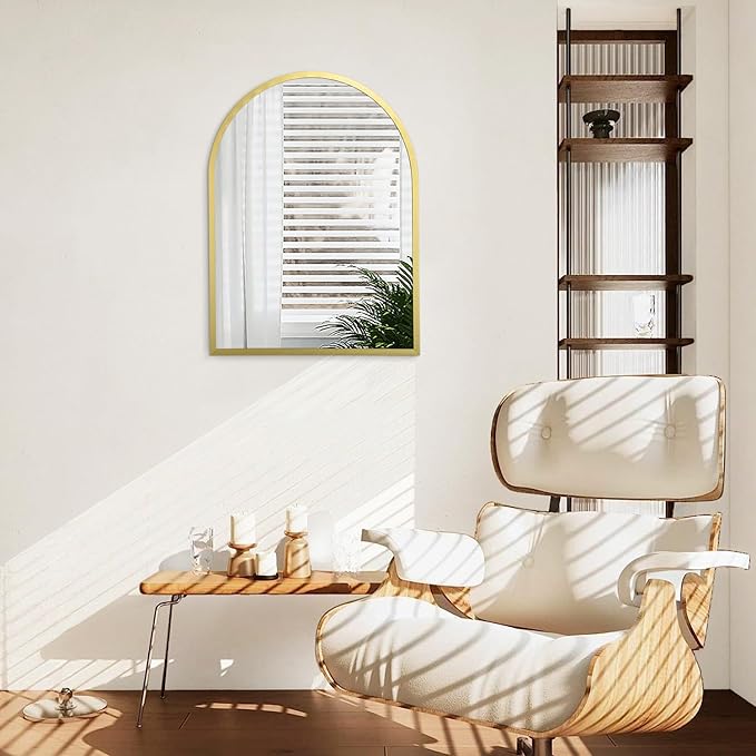 Arched Wall Mirror Aluminum Alloy Frame Bathroom Mirrors Brushed Metal Vanity Wall Mounted Mirror for LivingRoom Bedroom Entryway Room Home Decor 26"x18"