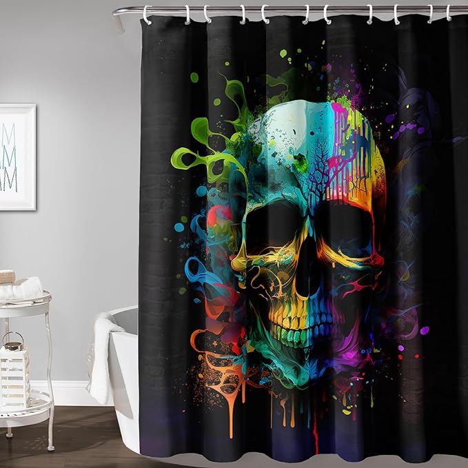 AILONEN Sugar Skull Shower Curtain for Bathroom,Watercolor Skull Bath Curtain Decoration,Minimalism Tie Dye Skeleton Print Waterproof Black Curtain with 12 Plastic Hooks, 72" W*84" H