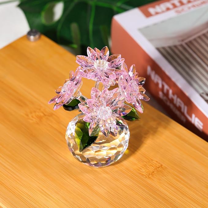 Crystal Pink Daisy Flower Figurine Statue Paperweight Glass Pink Daisy Bouquet Floral Collectible Decor Gifts for Friends Women (with 5 Flowers)