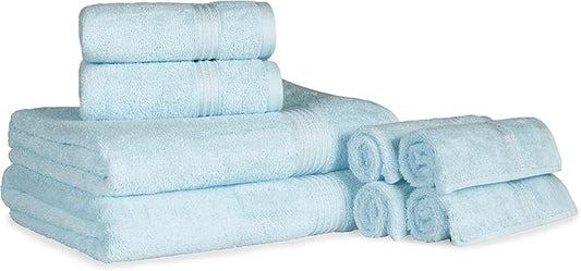 Superior Egyptian Cotton 8-Piece Towel Set, Assorted Towels for Home Bathroom, Guest Bath Decor Essentials, Includes 2 Bath, 4 Hand, 2 Face Towels/Washcloths, Quick Dry, Absorbent, Light Blue