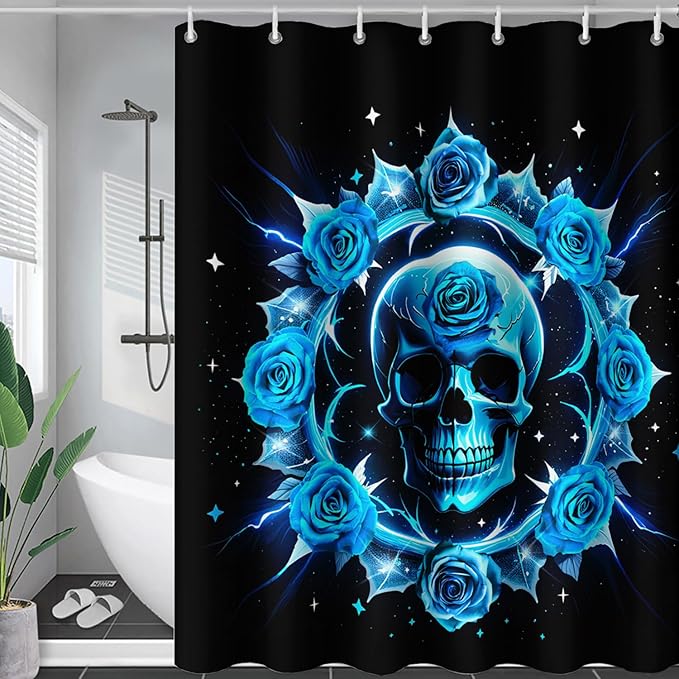 AILONEN Sugar Skull Shower Curtain for Bathroom,Blue Rose Flower Bath Curtain,Romantic Floral Skeleton Decor Bathroom Waterproof Curtain with 12 Plastic Hooks, 72" W*78" H