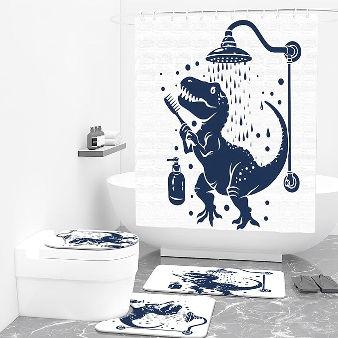 4PCS Dinosaur Shower Curtain Set with 12 Hooks for Bathroom Sets Dinosaur Decor, Non-Slip Rugs and Toilet Mat Lid Rug, Durable Waterproof for Bathroom Trex Raptor Silhouette Dinosaur Decor 72x72 Inch