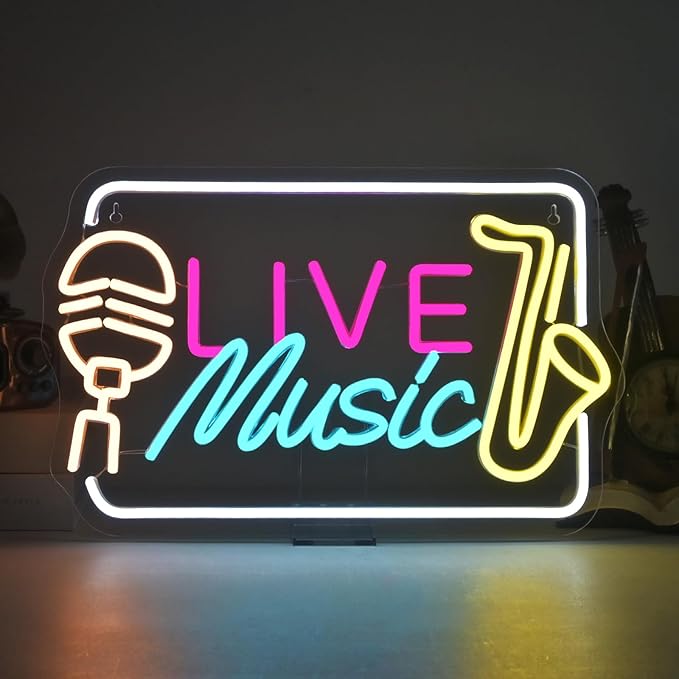 Live Music Neon Sign Bright LED Wall Decoration for Music Venues, Bars, Clubs or Homes, USB Power Adjustable Brightness, Classic Song Theme Decoration