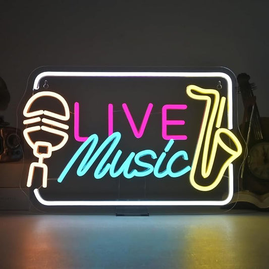 Live Music Neon Sign Bright LED Wall Decoration for Music Venues, Bars, Clubs or Homes, USB Power Adjustable Brightness, Classic Song Theme Decoration