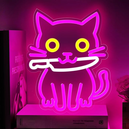 Cat Neon Sign for Wall Decor,Dimmable Cute Cat with Knife Neon Light,Funny Pink Animal Light Up Signs for Bedroom Party Bar Background Decoration