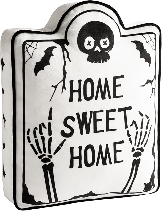 Phantoscope Happy Halloween Shaped Throw Pillow, Tombstone Shaped Pillow with Piping, 3D Soft Velvet Skull Halloween Pillow Decorative Cushion Pillow for Couch, White, 18 x 13.5 inch