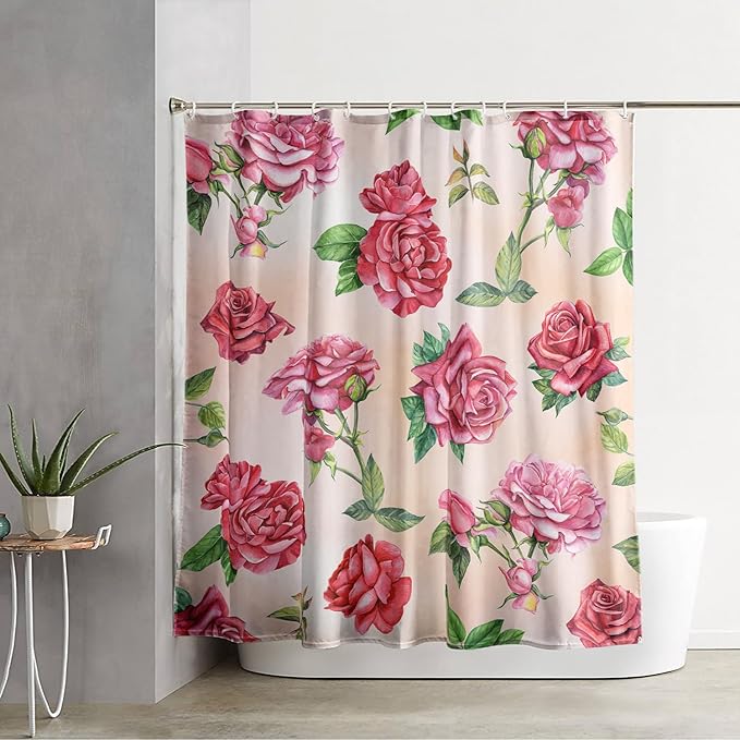 AILONEN Rose Shower Curtain, Watercolor Red Rose Theme Waterproof Shower Curtain Set,Dreamy Romantic Vintage Flower Bathroom Decors for Girls Teens Women,72" W*72" H