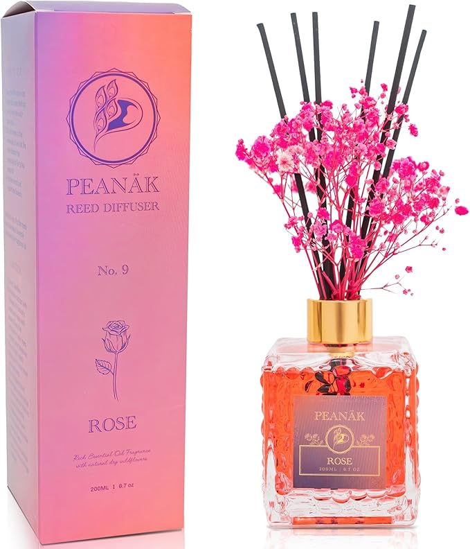 Reed Diffuser Set - Rose Honey Oil, Oil Diffuser Sticks, Bathroom Diffuser, Bathroom Decor, 200ml with Preserved Flowers - PEANÄK