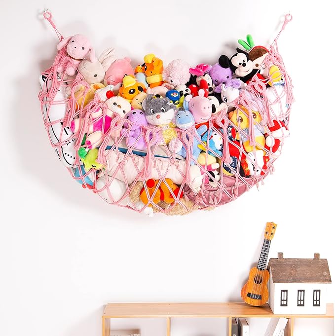 Stuffed Animal Net or Hammock Wall Hanging Net for Stuffed Animal Storage Macrame Toy Display Plush Toy Holder Soft Toy organizer for Nurery Baby Bedroom Playroom-Pink