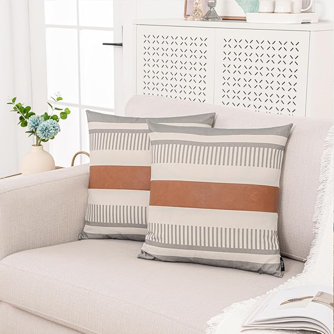 Farmhouse Stripe Pillow Cover 18x18 Boho Accent Cushion Case Faux Leather Decorative Pillowcase,Grey and Beige (Cover ONLY, Pack of 2)