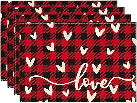 Artoid Mode Black Red Buffalo Plaid Love Valentine Placemats Set of 4, 12x18 Inch Seasonal Anniversary Holiday Table Mats for Party Kitchen Dining Decoration