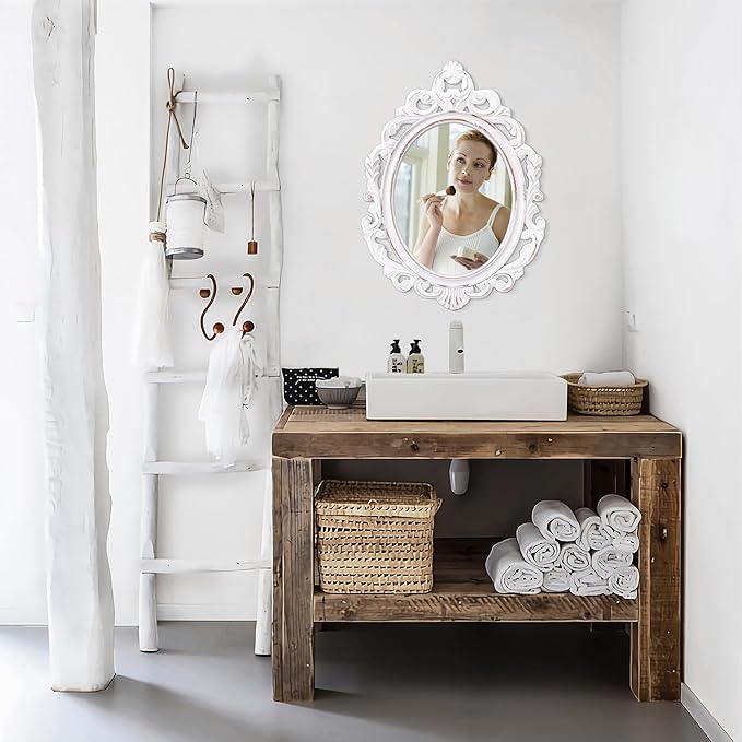 Vintage White Wall Mirror Baroque Style Wall Decor Antique Oval Ornate Accent Wood Bathroom Mirror Vanity Rustic Wall Mounted Mirrors Decorative Farmhouse Mirrors for Bedroom Living Room