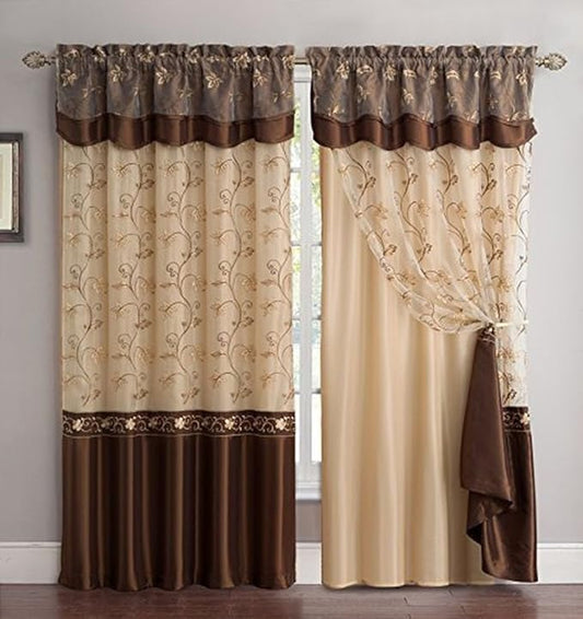 Fancy Collection Embroidery Curtain Set 1 Panel Drapes with Backing & Valance (Brown, 55"x 96")