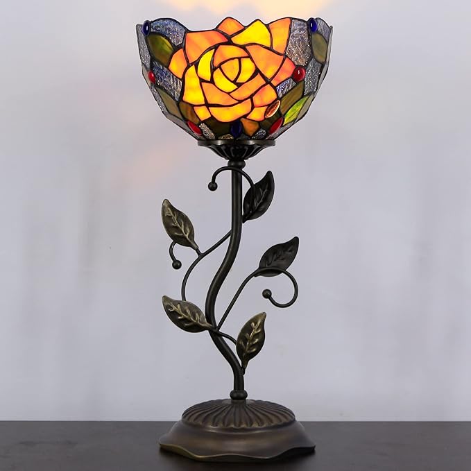 Small Tiffany Lamp Stained Glass Table Lamp Uplight Accent Lamp with Metal Leaf Base Yellow Purple Rose Style Desk Light 8X19 Inch for Home Office Living Room Bedroom