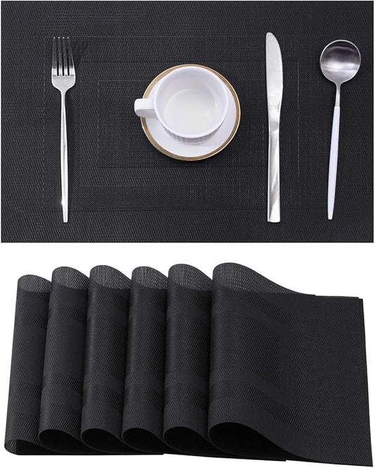 Leetaltree Black Frame Placemats Set of 6 - Heat Resistant Non-Slip Place mats for Dining Table, Washable Durable PVC Vinyl Woven Table Mats（Black Frame, 6）