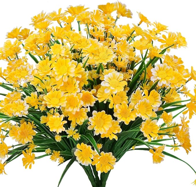 8 Bundles Artificial Daisies Flowers Outdoor UV Resistant Fake Foliage Greenery Faux Plants Shrubs Plastic Bushes for Window Box Hanging Planter Farmhouse Indoor Outside Decor(Yellow)