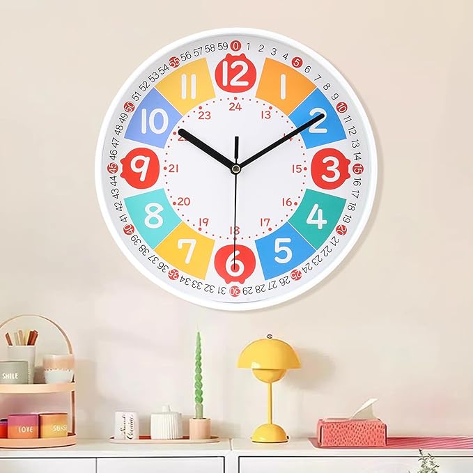 Wall Clock Modern Colorful Kid's Clock Small Silent Analog Round Simple Quiet Quartz Black Wall Clocks Battery Operated Non Ticking for Bathroom Office Garage School Colorful 9 Inch