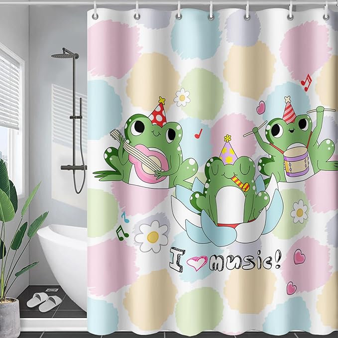 AILONEN Frog Shower Curtain, Cute Frog Bathroom Curtain,Music Frog Green Cartoon Kids Shower Curtain 72" W*72" H Polyester Waterproof Frog Bathroom Curtain with 12 Hooks