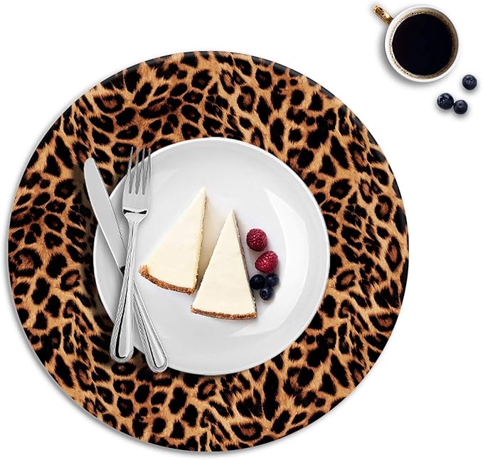Round Leather Placemats Set of 4 PU Waterproof Non-Slip Washable Heat Resistant Place Mat for Kitchen Dining Table - Leopard