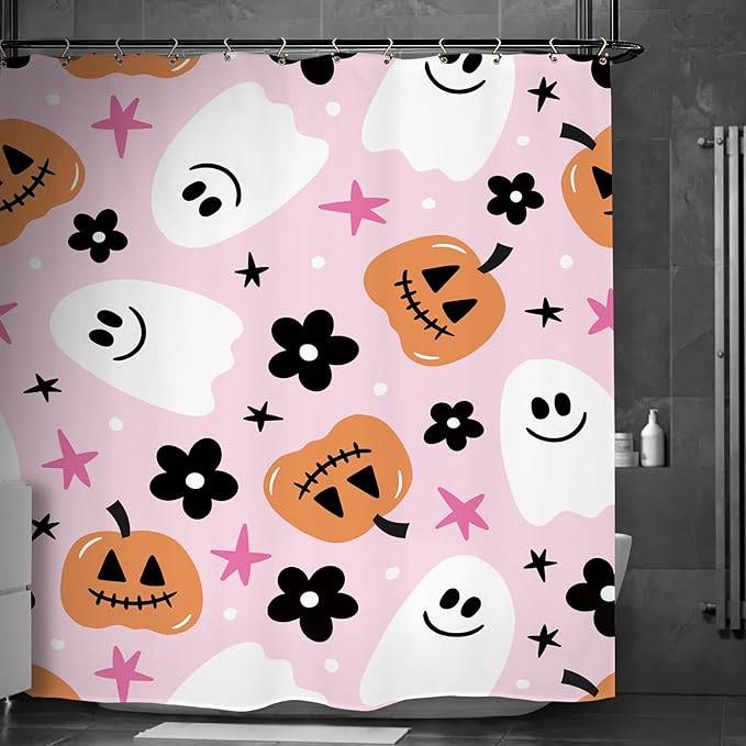 Halloween Pink Ghost Shower Curtain 60Wx72L Inch Pumpkin Cute Girls Horror Scary Spooky Cartoon Lovely Bathroom Set Accessories Decor with 12 Pack Hooks