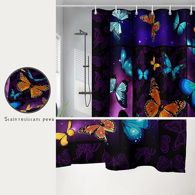 AILONEN Colorful Butterfly Shower Curtain,Animal Shower Curtain 60" W*72" H for Bathroom Decor,Mystic Purple Galaxy Butterfly Modern Shower Curtain Waterproof Bath Curtain with Grommets and 12 Hooks